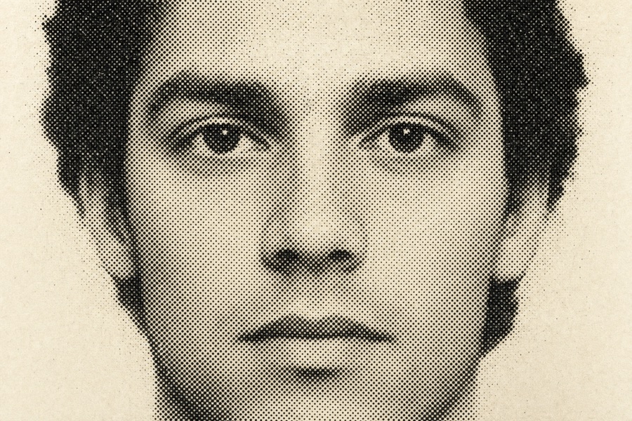 Halftone reproduction of a synthetic composite face — the sought person exhibit