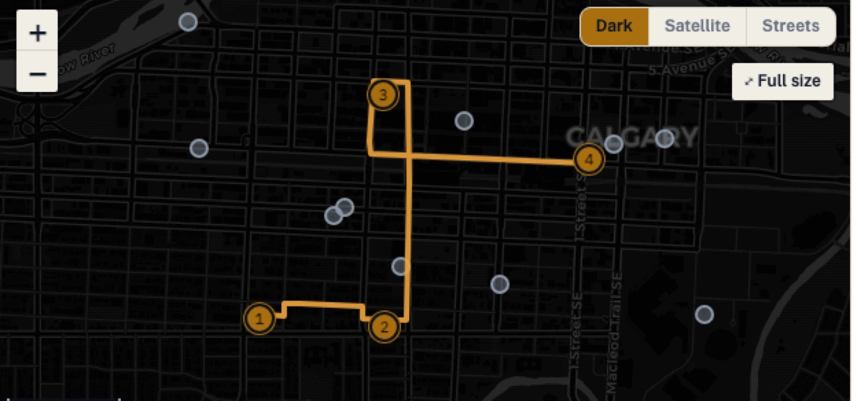Real street map with an amber route connecting four numbered camera sightings across downtown Calgary, in time order