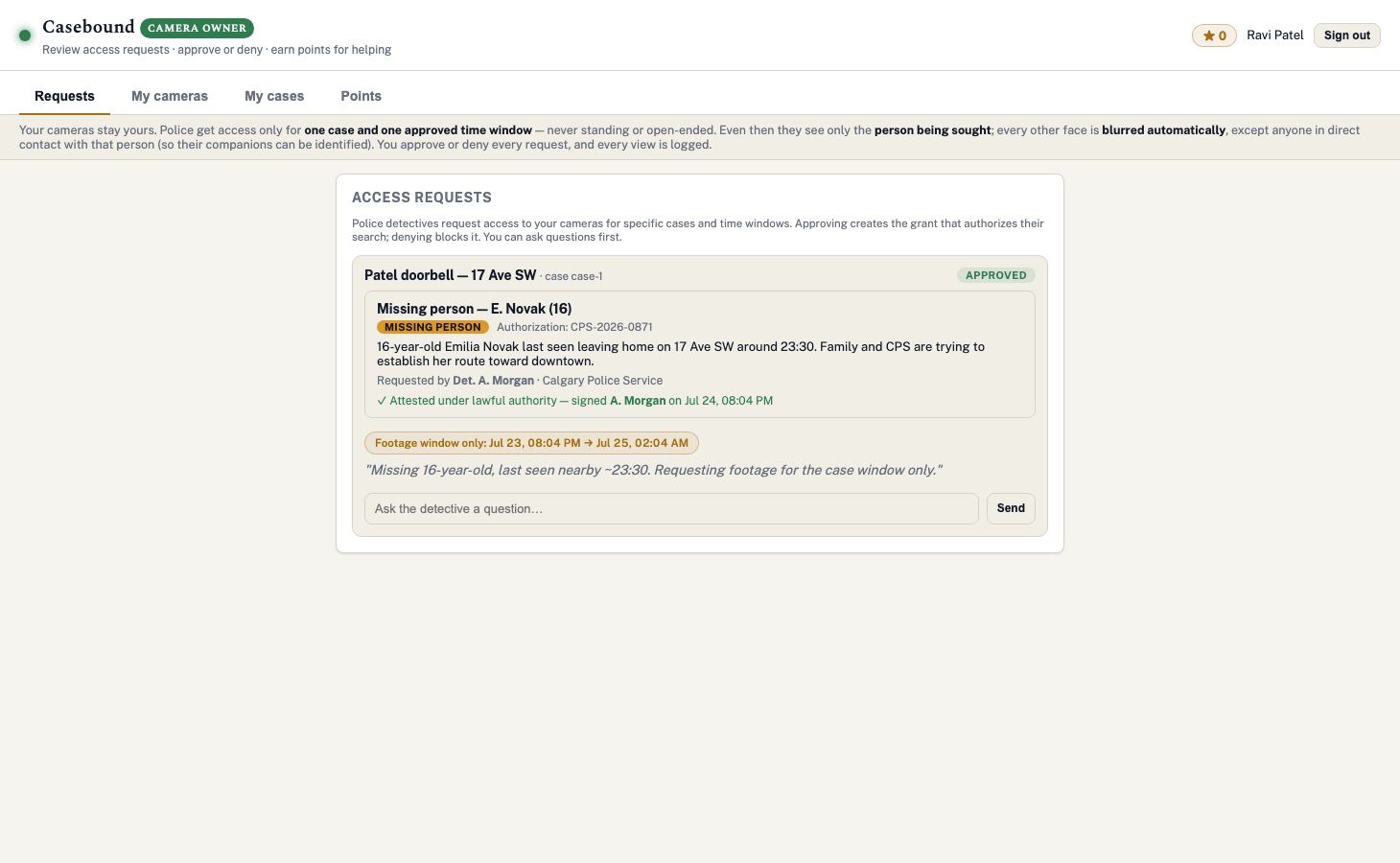 Casebound owner portal: an access request naming the case and footage window, with a message thread and APPROVED status